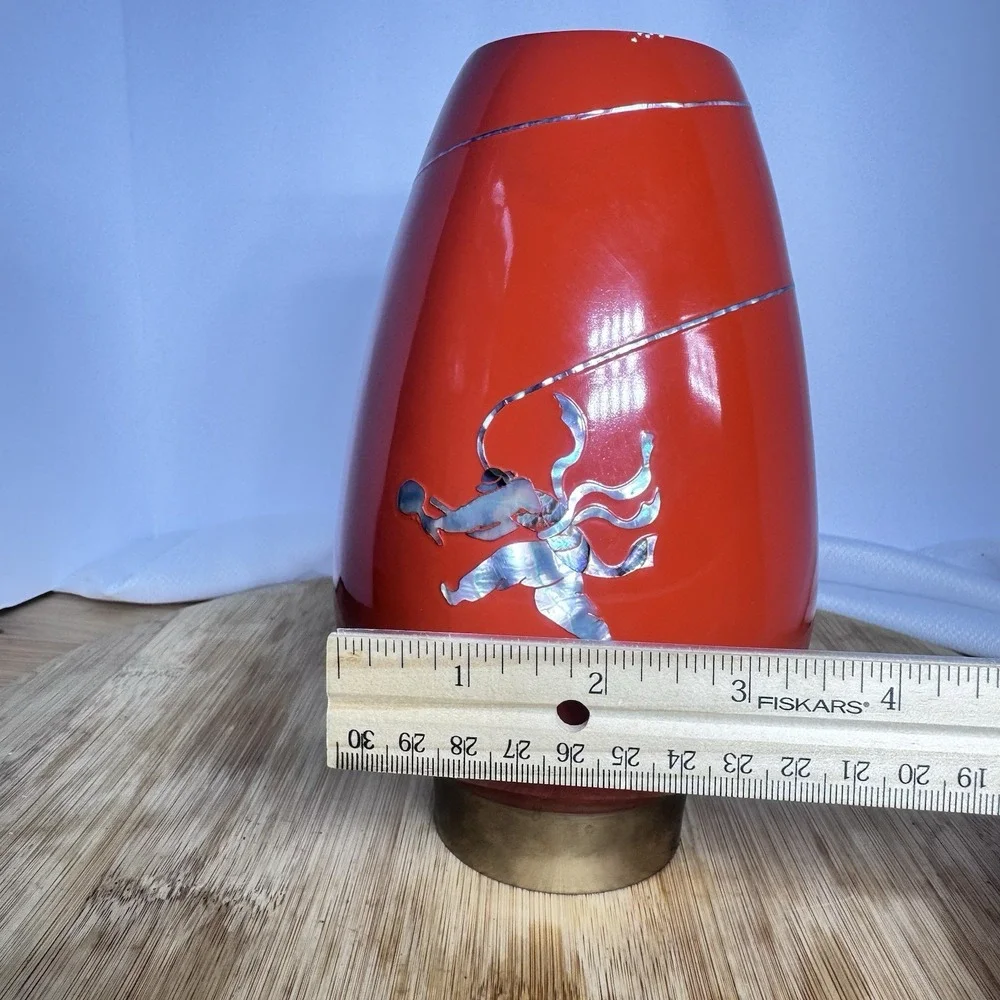 Vintage 1978 Korean Red Lacquerware Vase Asian Decor Gold Figure Brass Footed